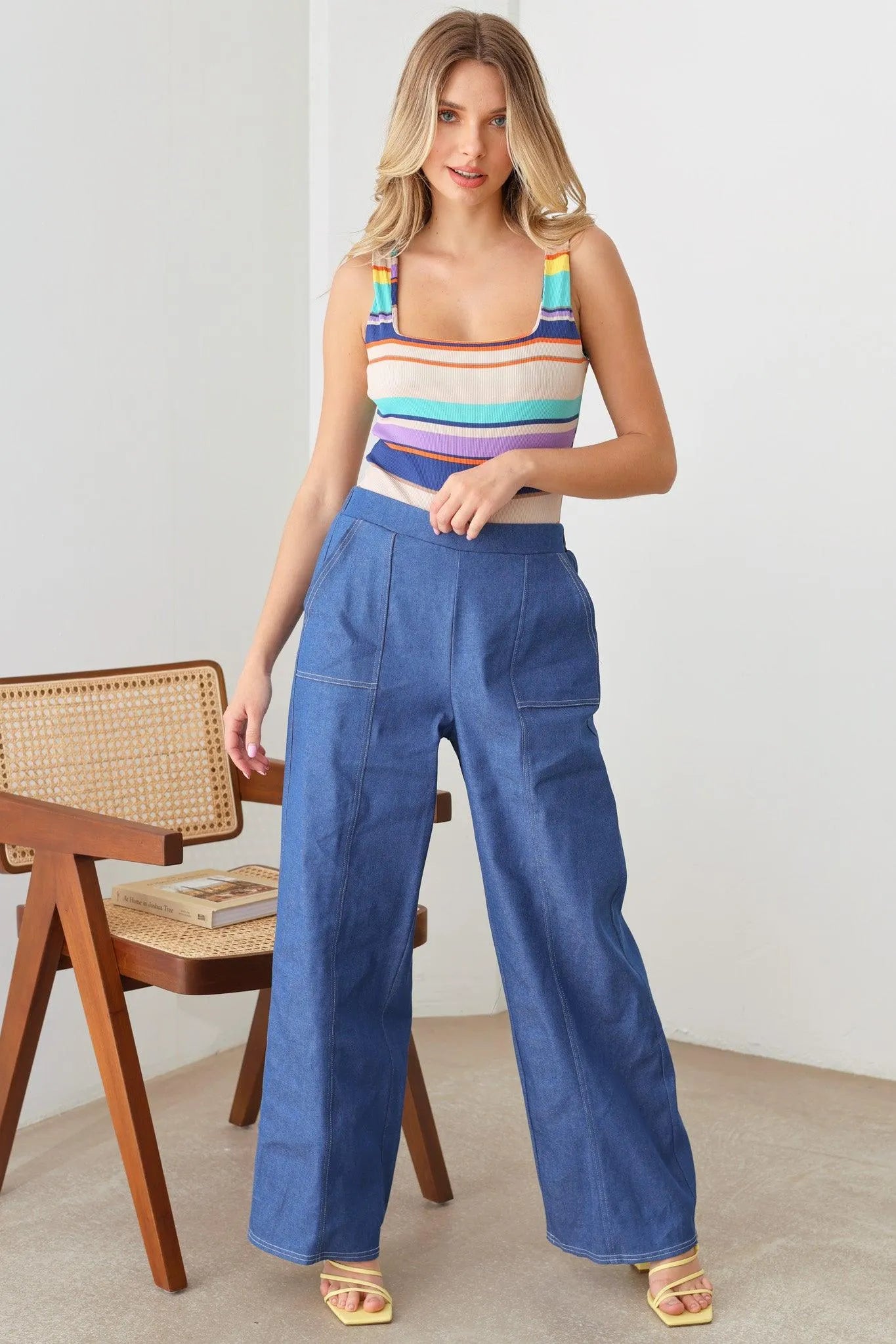 Mid Waist Wide Leg Cozy Denim Jeans Pants - Tasha Apparel Wholesale