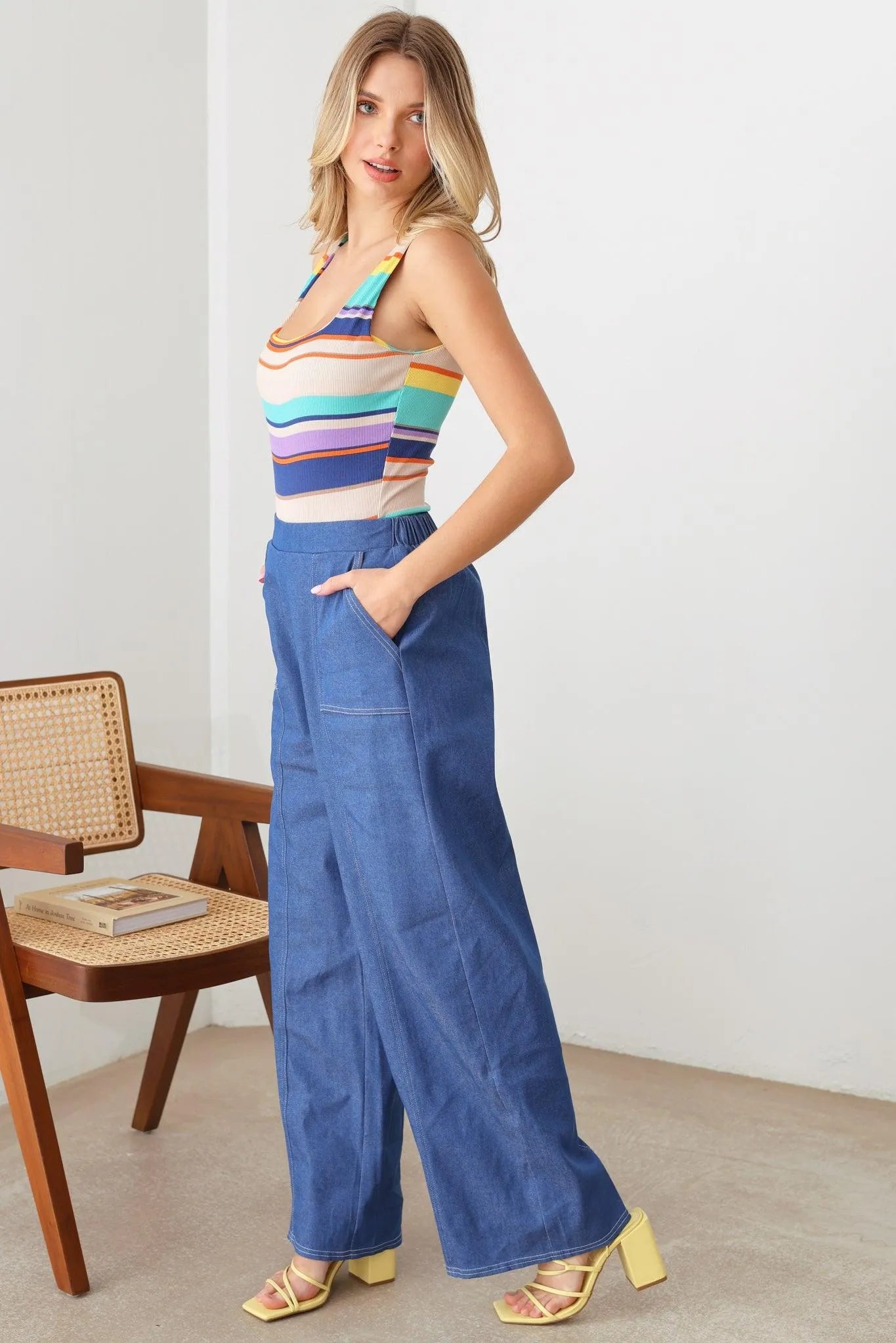 Surfer Striped Print Square Neck Sleeveless Thong Bodysuit - Tasha Apparel Wholesale