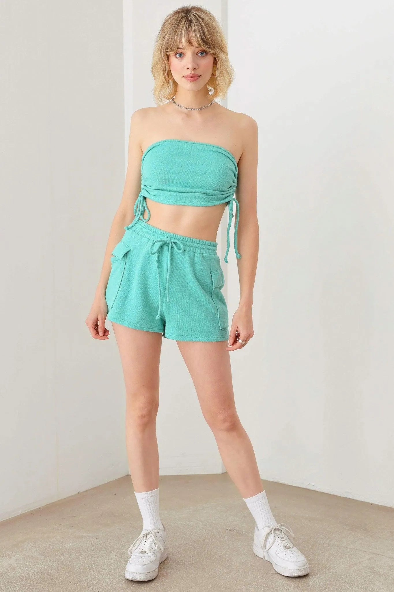 Soft Fabric Side Tie Crop Strapless & Mid Waist Short Elastic Waist Front Tie Short Set - Tasha Apparel Wholesale