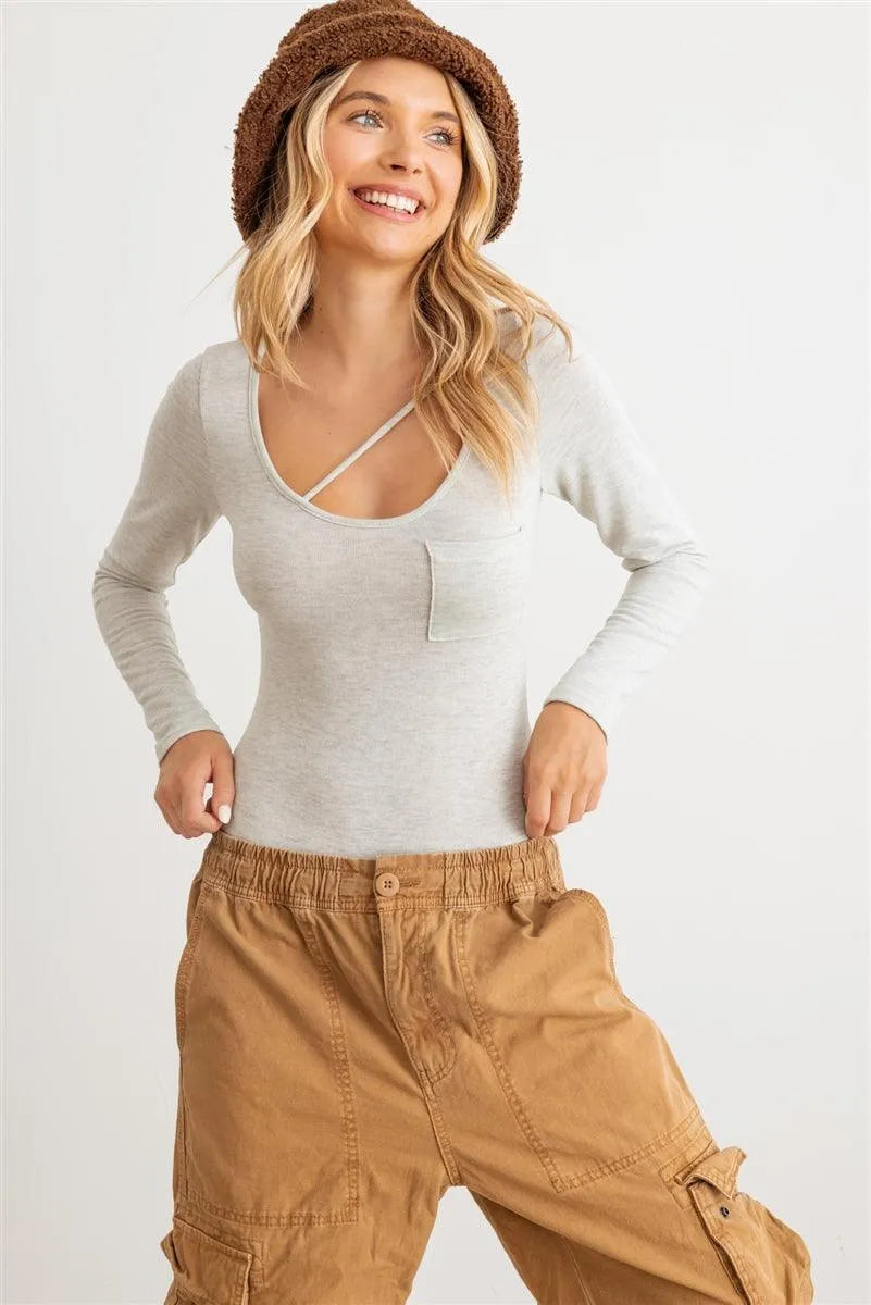 Heather Grey Strip Detail Long Sleeve Bodysuit - Tasha Apparel Wholesale