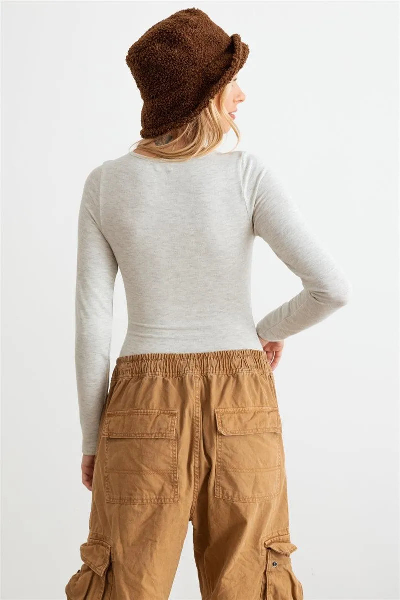 Heather Grey Strip Detail Long Sleeve Bodysuit - Tasha Apparel Wholesale