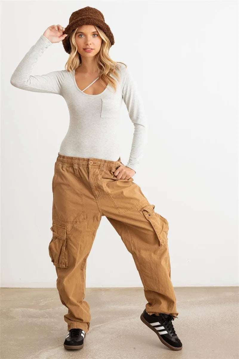 Heather Grey Strip Detail Long Sleeve Bodysuit - Tasha Apparel Wholesale