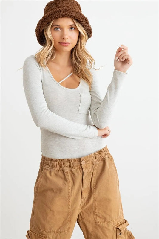 Heather Grey Strip Detail Long Sleeve Bodysuit /2-2-1 - Tasha Apparel Wholesale