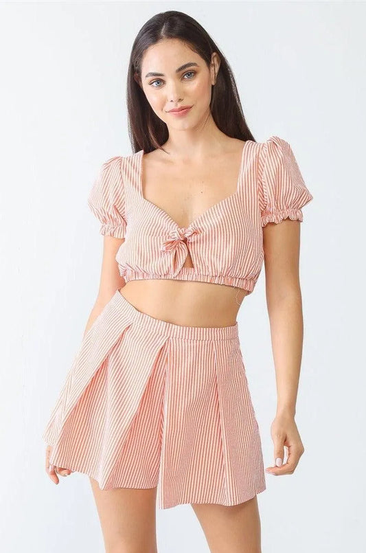 Stripe Self-Tie Crop Top High Waist Bottom Shorts Set - Tasha Apparel Wholesale