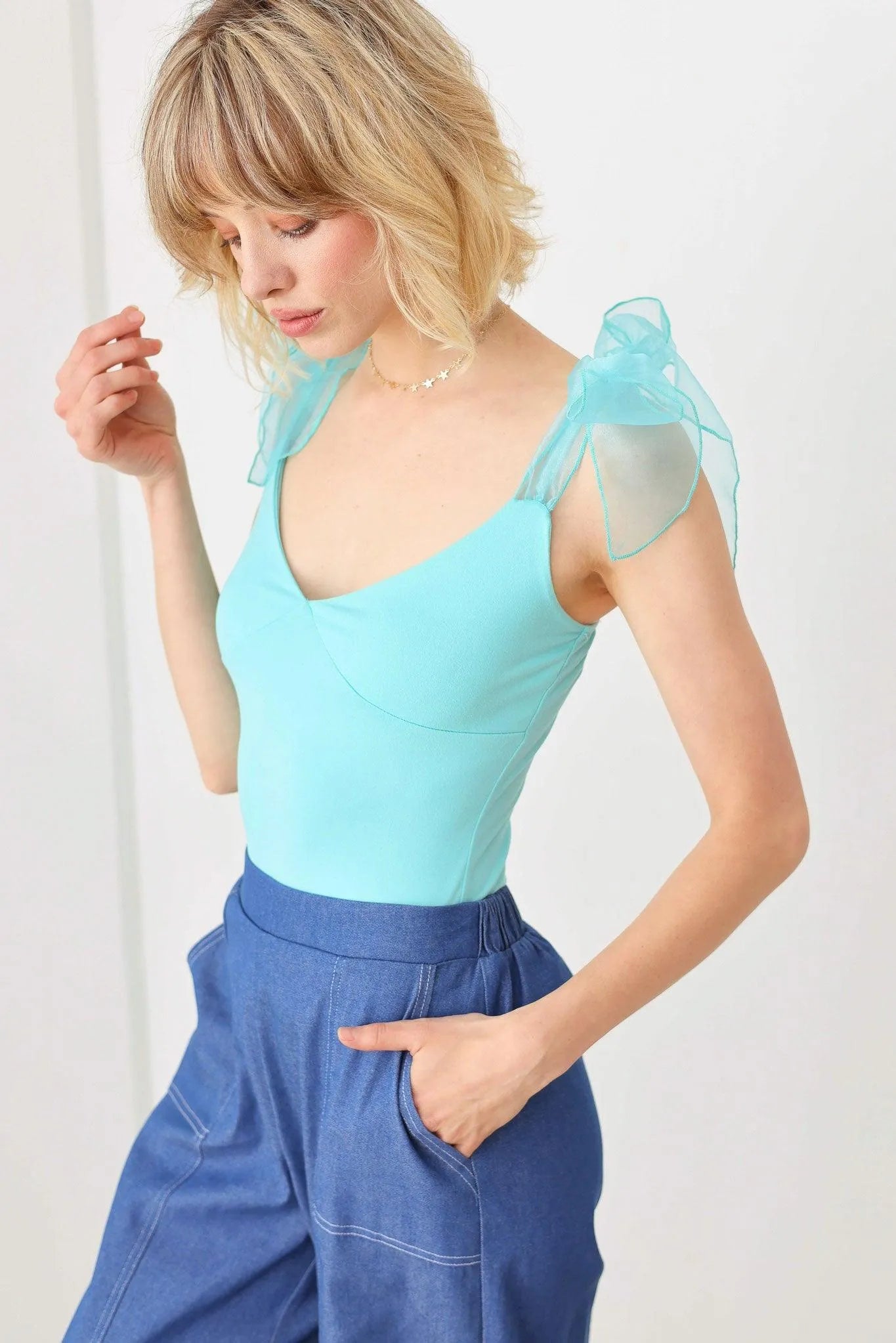 Organza Shoulder Ribbon Tie Ruched Bust Thong Bodysuit - Tasha Apparel Wholesale