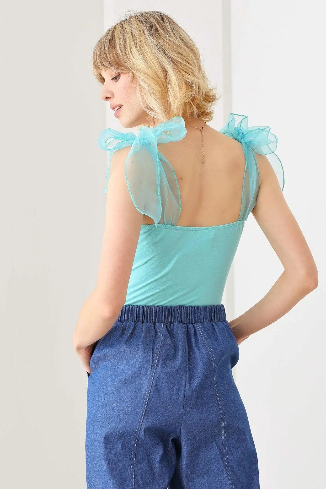 Organza Shoulder Ribbon Tie Ruched Bust Thong Bodysuit - Tasha Apparel Wholesale