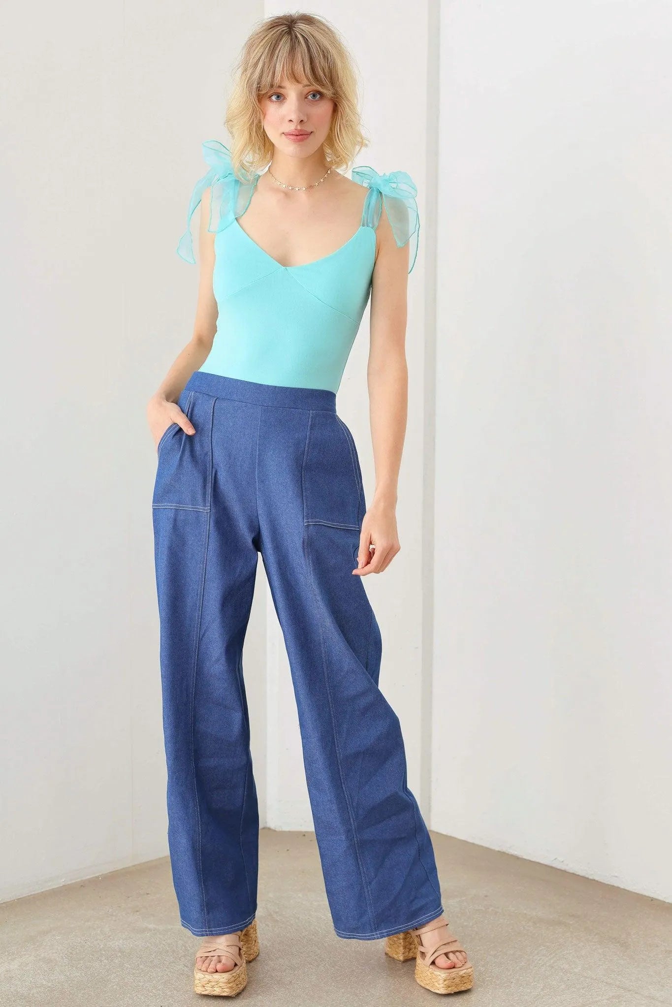 Organza Shoulder Ribbon Tie Ruched Bust Thong Bodysuit - Tasha Apparel Wholesale