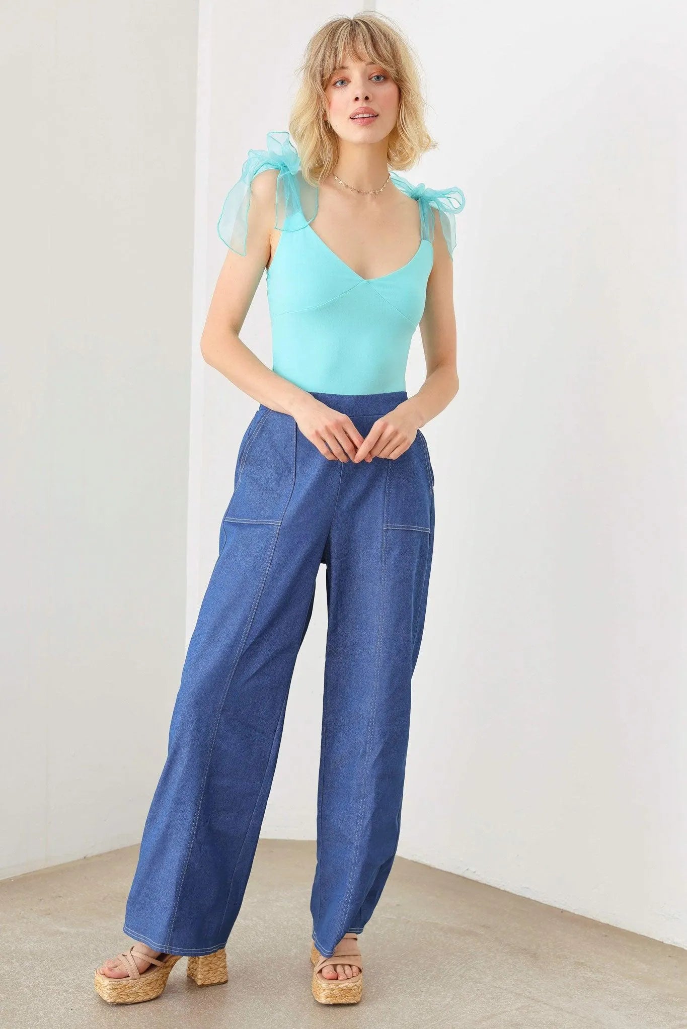 Organza Shoulder Ribbon Tie Ruched Bust Thong Bodysuit - Tasha Apparel Wholesale