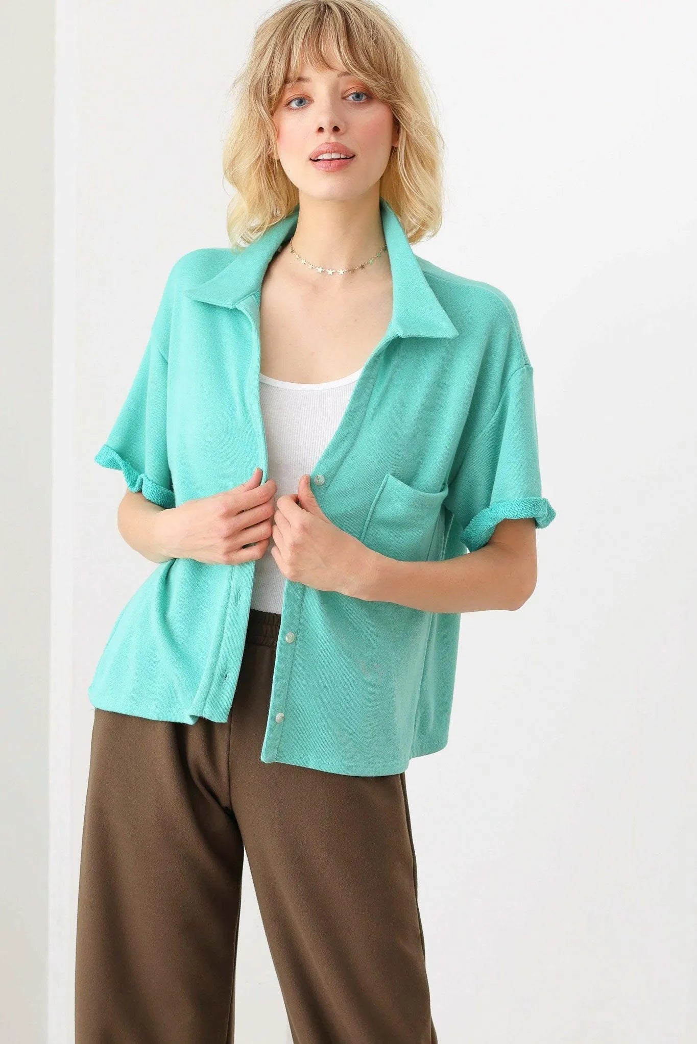Mint Green Relaxed Fit Button-Up Short Sleeve Knit Pocket Top - Tasha Apparel Wholesale