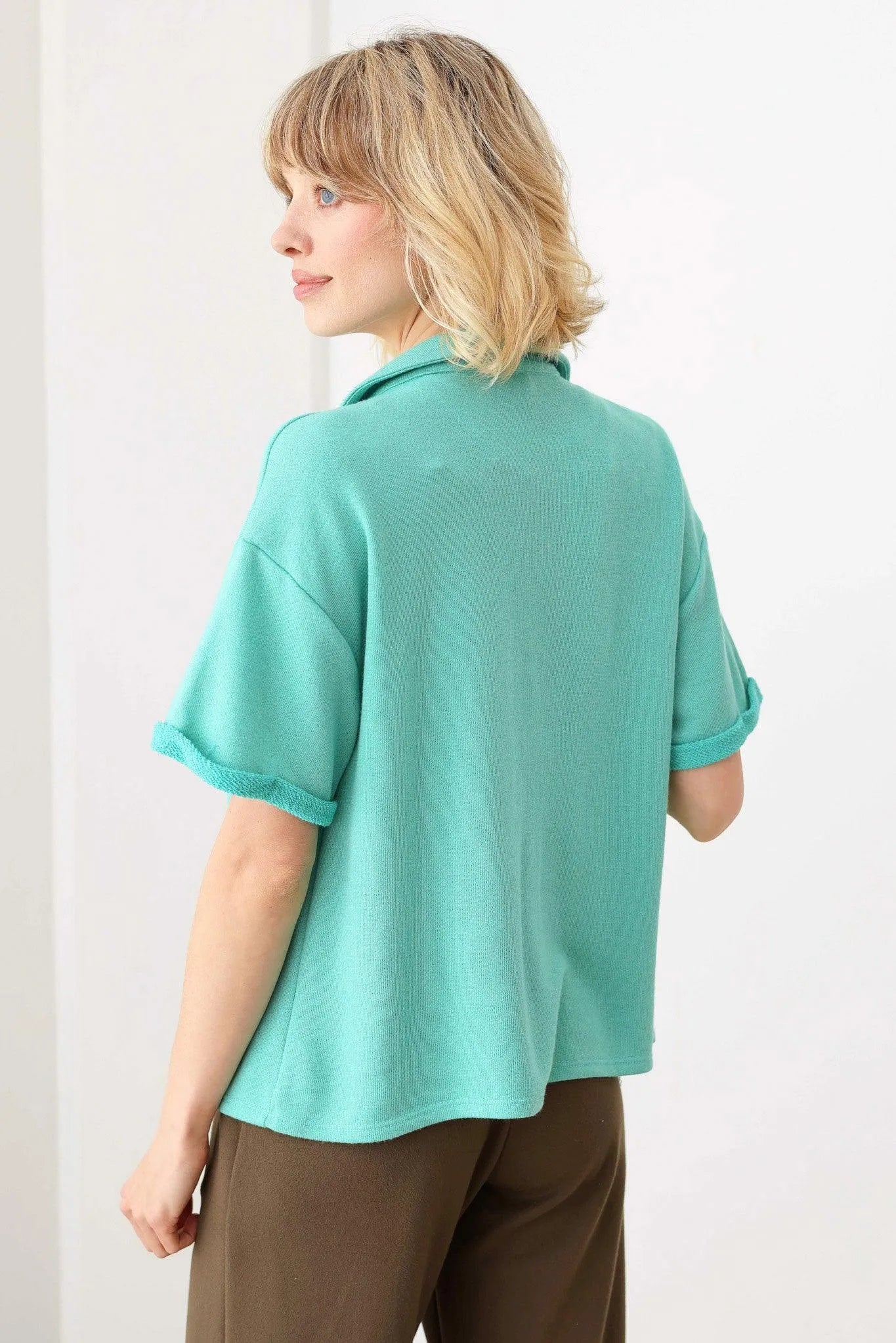 Mint Green Relaxed Fit Button-Up Short Sleeve Knit Pocket Top - Tasha Apparel Wholesale