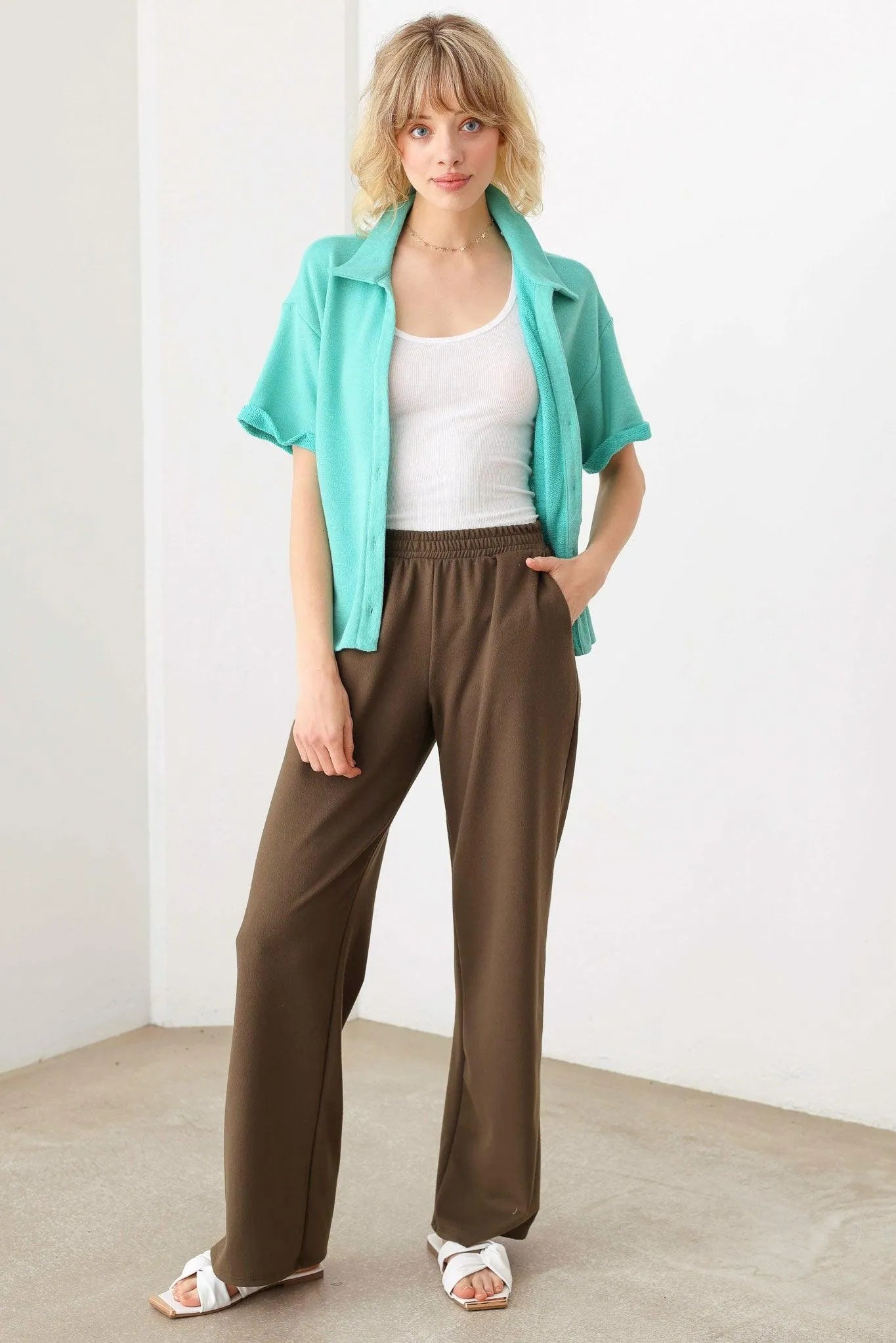 Mint Green Relaxed Fit Button-Up Short Sleeve Knit Pocket Top - Tasha Apparel Wholesale