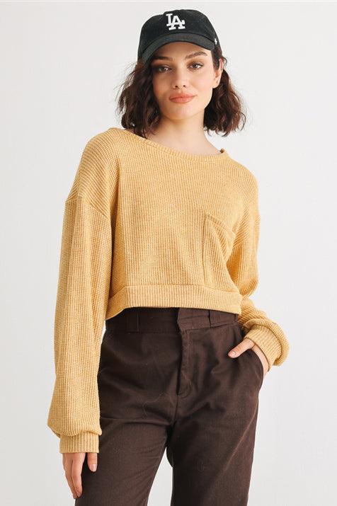 Dusty Yellow Knit Round Neck Long Sleeve One Pocket Sweater - Tasha Apparel