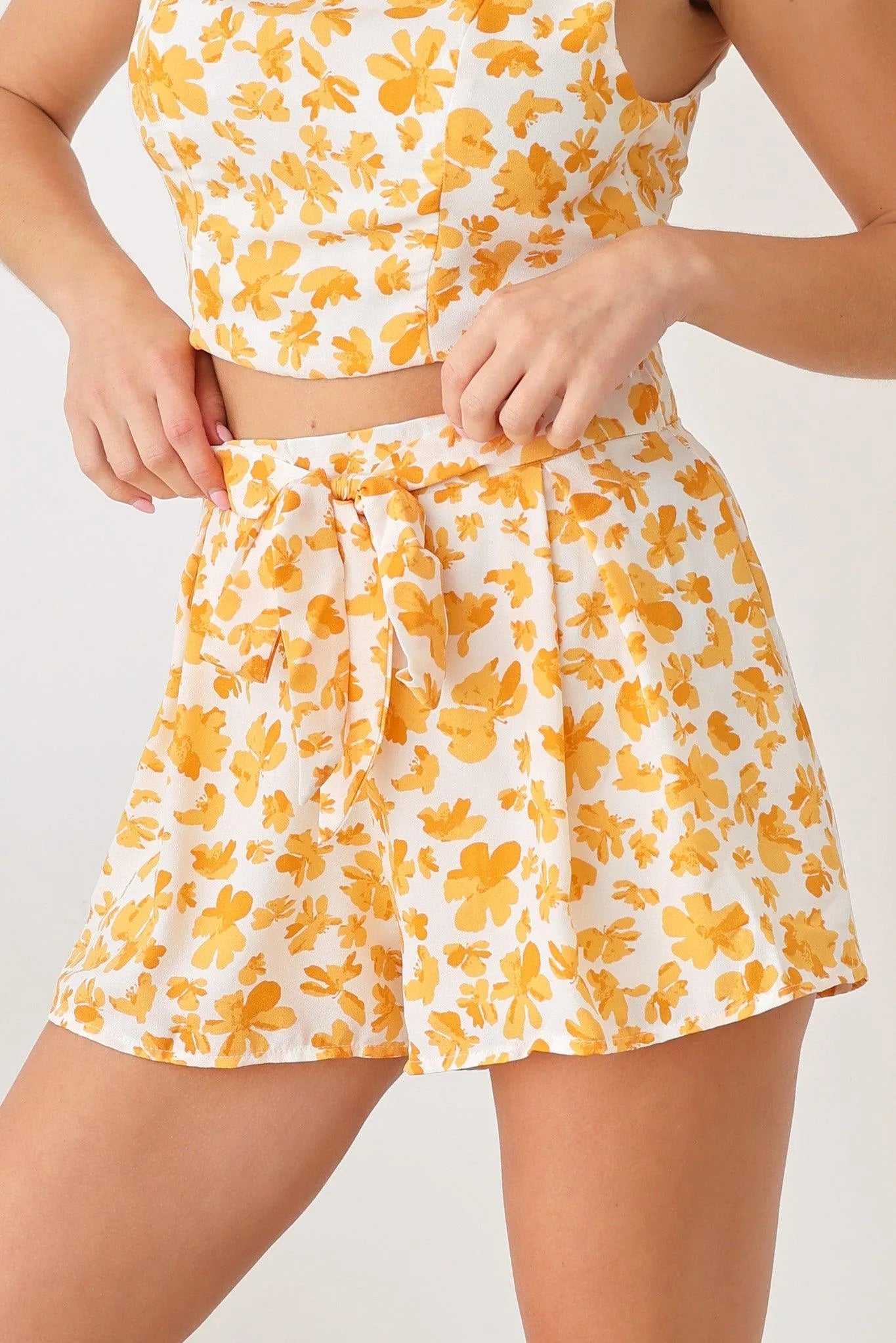 Boho Style Floral Side Zipper Crop Top & High Waist Front Belt Back Zipper Shorts Set - Tasha Apparel Wholesale