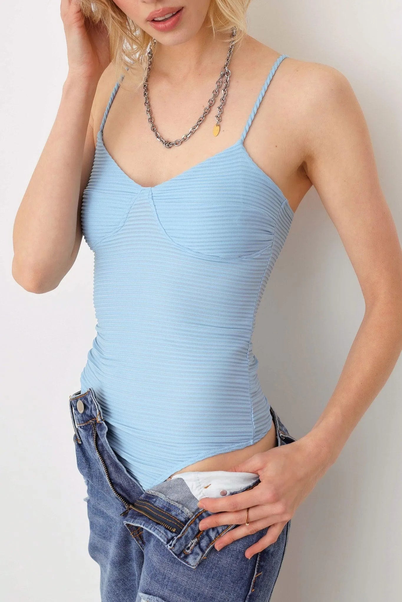 Ribbed Plunging Neckline Ruched Bust Bodysuit - Tasha Apparel Wholesale