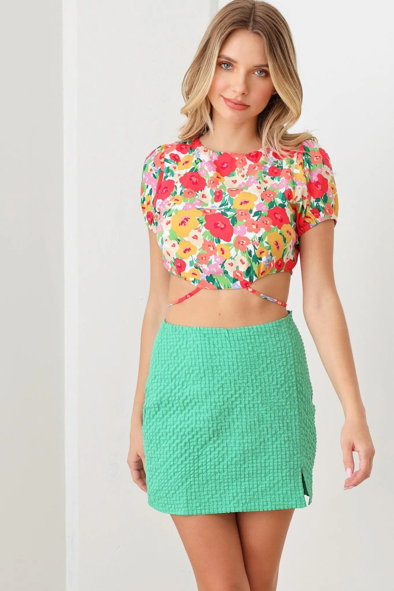 Floral Print Open Back Waist Strap Back Tie Crop Top - Tasha Apparel Wholesale