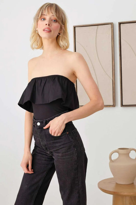 Strapless Solid Ruffle Trim Neckline Thong Bodysuit - Tasha Apparel Wholesale