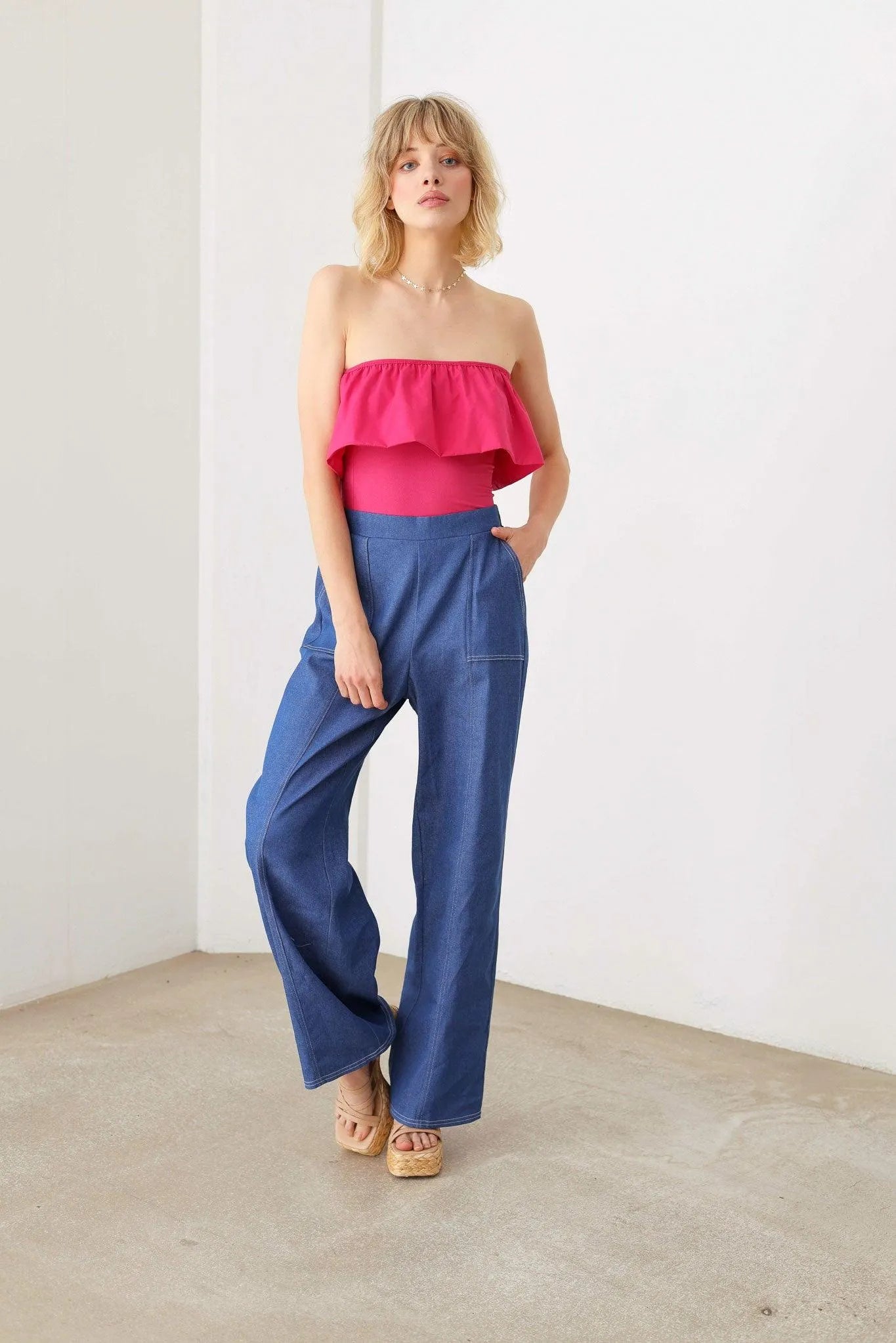 Strapless Solid Ruffle Trim Neckline Thong Bodysuit - Tasha Apparel Wholesale