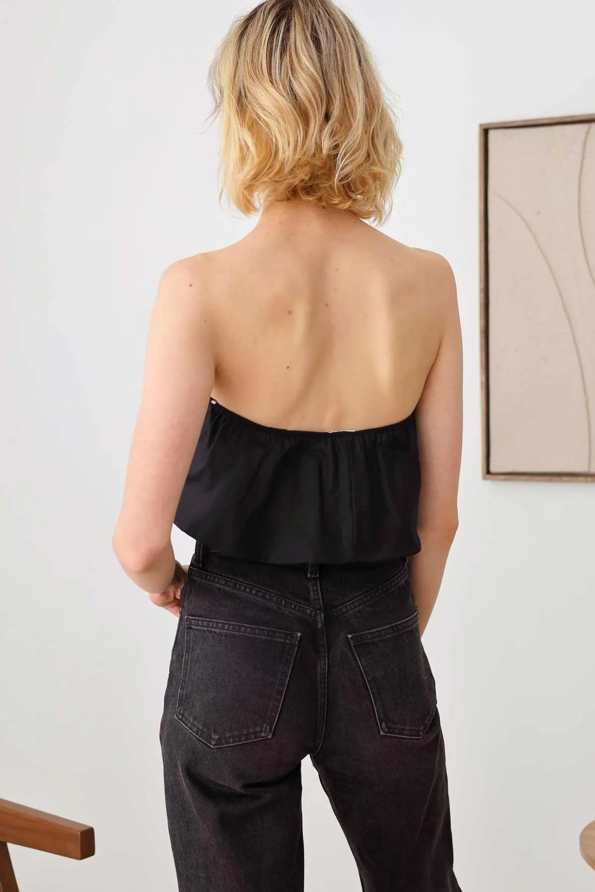 Strapless Solid Ruffle Trim Neckline Thong Bodysuit - Tasha Apparel Wholesale