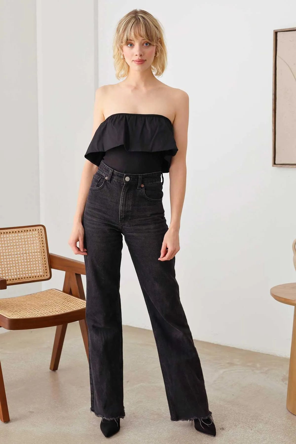 Strapless Solid Ruffle Trim Neckline Thong Bodysuit - Tasha Apparel Wholesale