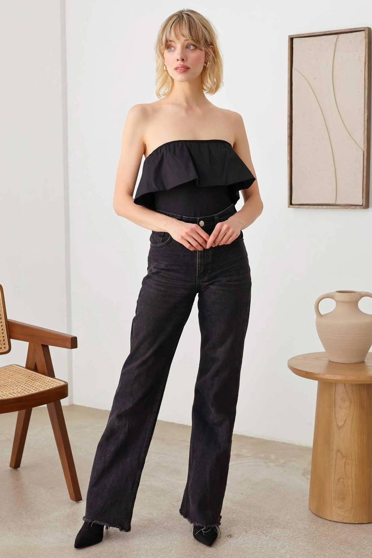 Strapless Solid Ruffle Trim Neckline Thong Bodysuit - Tasha Apparel Wholesale