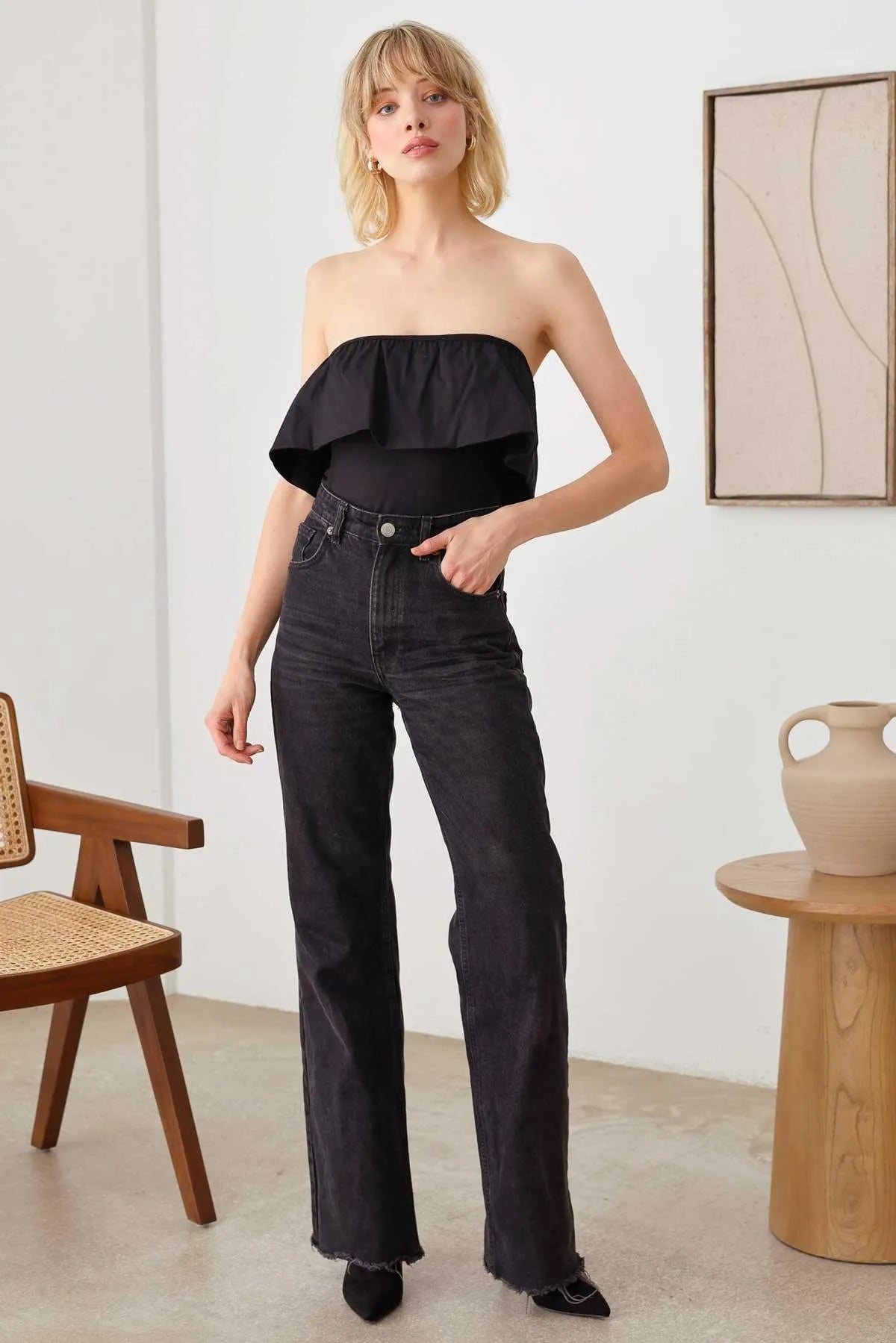 Strapless Solid Ruffle Trim Neckline Thong Bodysuit - Tasha Apparel Wholesale