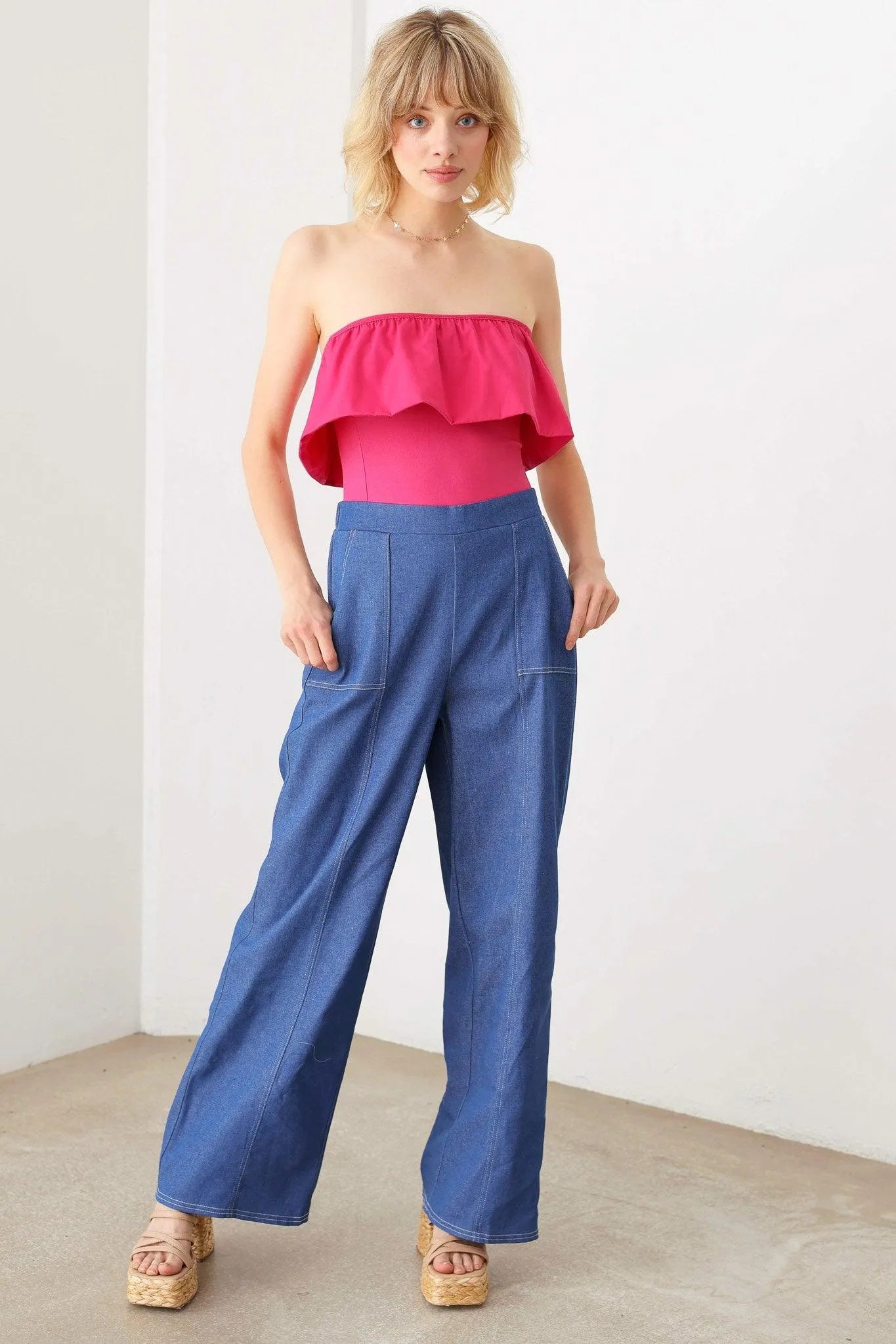 Strapless Solid Ruffle Trim Neckline Thong Bodysuit - Tasha Apparel Wholesale