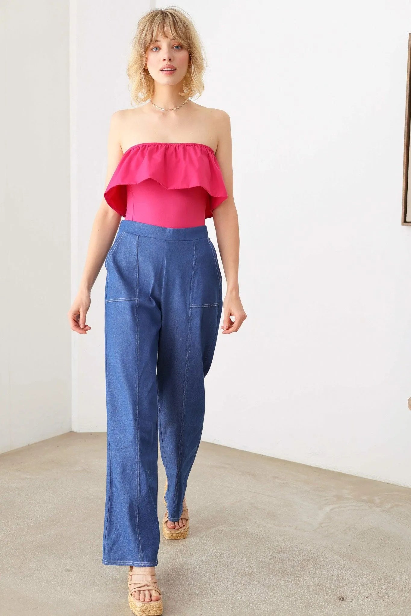 Strapless Solid Ruffle Trim Neckline Thong Bodysuit - Tasha Apparel Wholesale