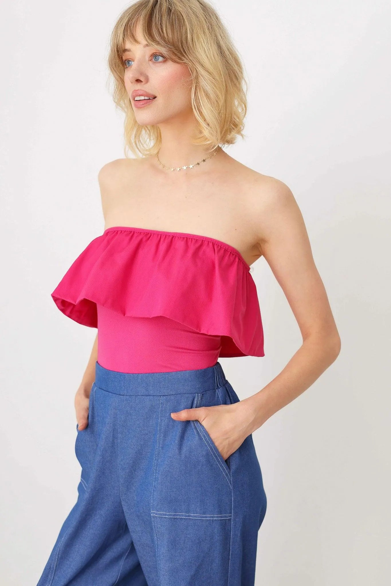 Strapless Solid Ruffle Trim Neckline Thong Bodysuit - Tasha Apparel Wholesale