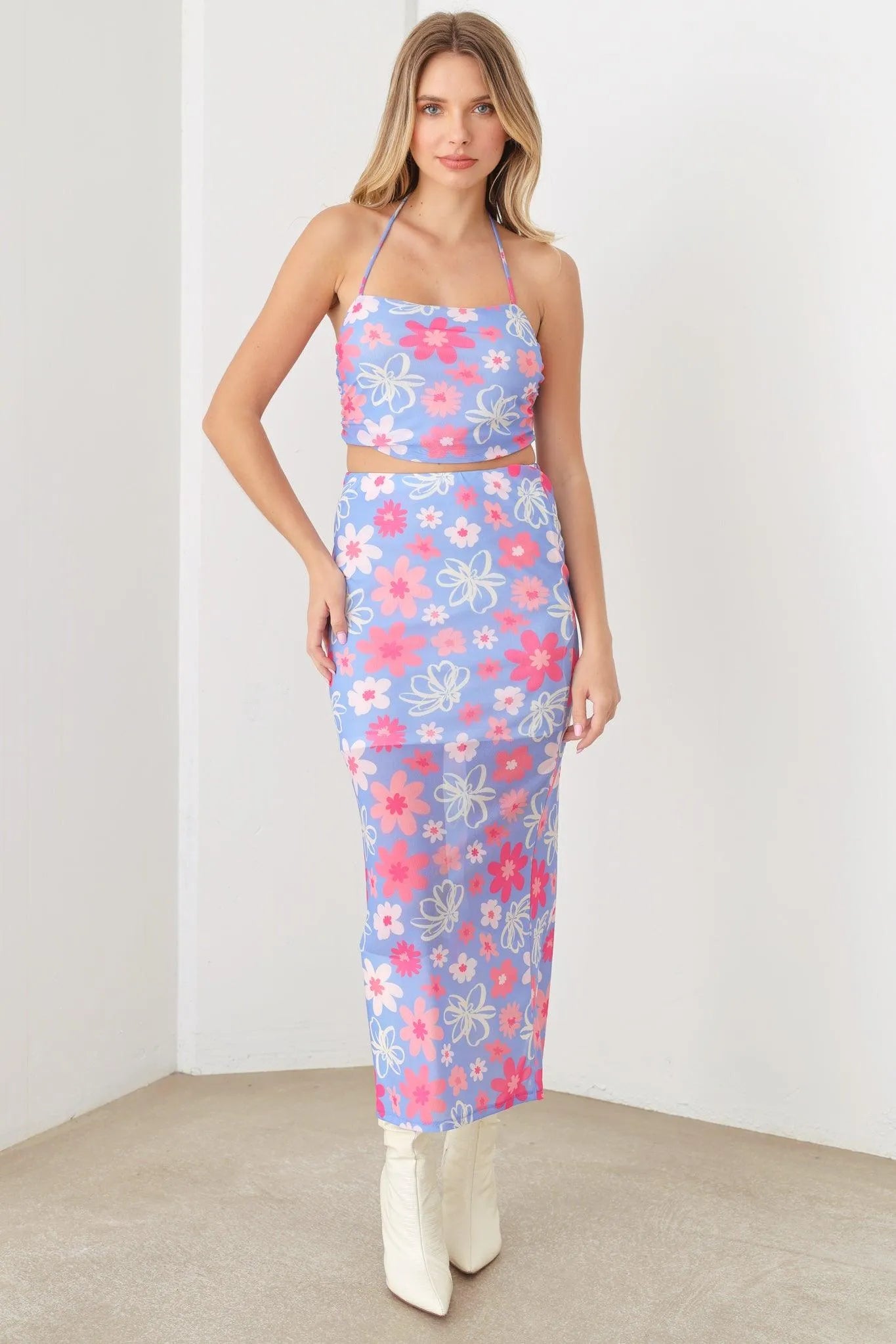 Summer Cute A Mesh Floral Crop Halter Top & Maxi Floral Side Slit Skirt Set - Tasha Apparel Wholesale