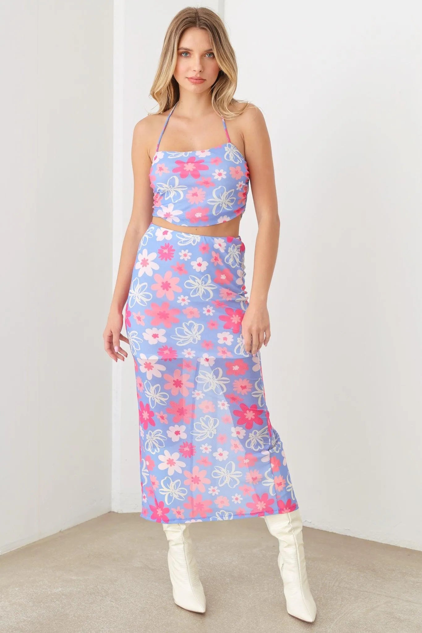 Summer Cute A Mesh Floral Crop Halter Top & Maxi Floral Side Slit Skirt Set - Tasha Apparel Wholesale