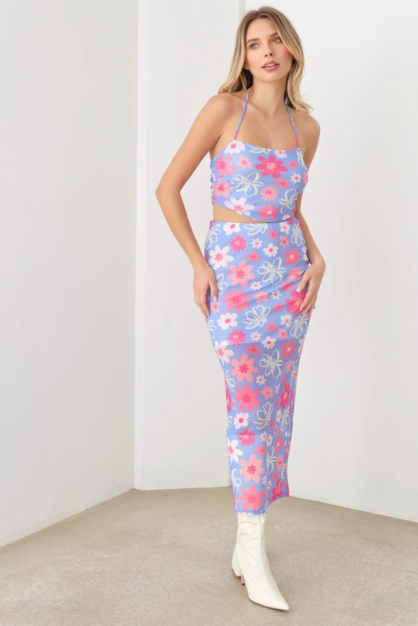 Summer Cute A Mesh Floral Crop Halter Top & Maxi Floral Side Slit Skirt Set - Tasha Apparel Wholesale