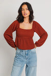 Brick Long Puff Sleeve Ruched Babydoll Top - Tasha Apparel Wholesale