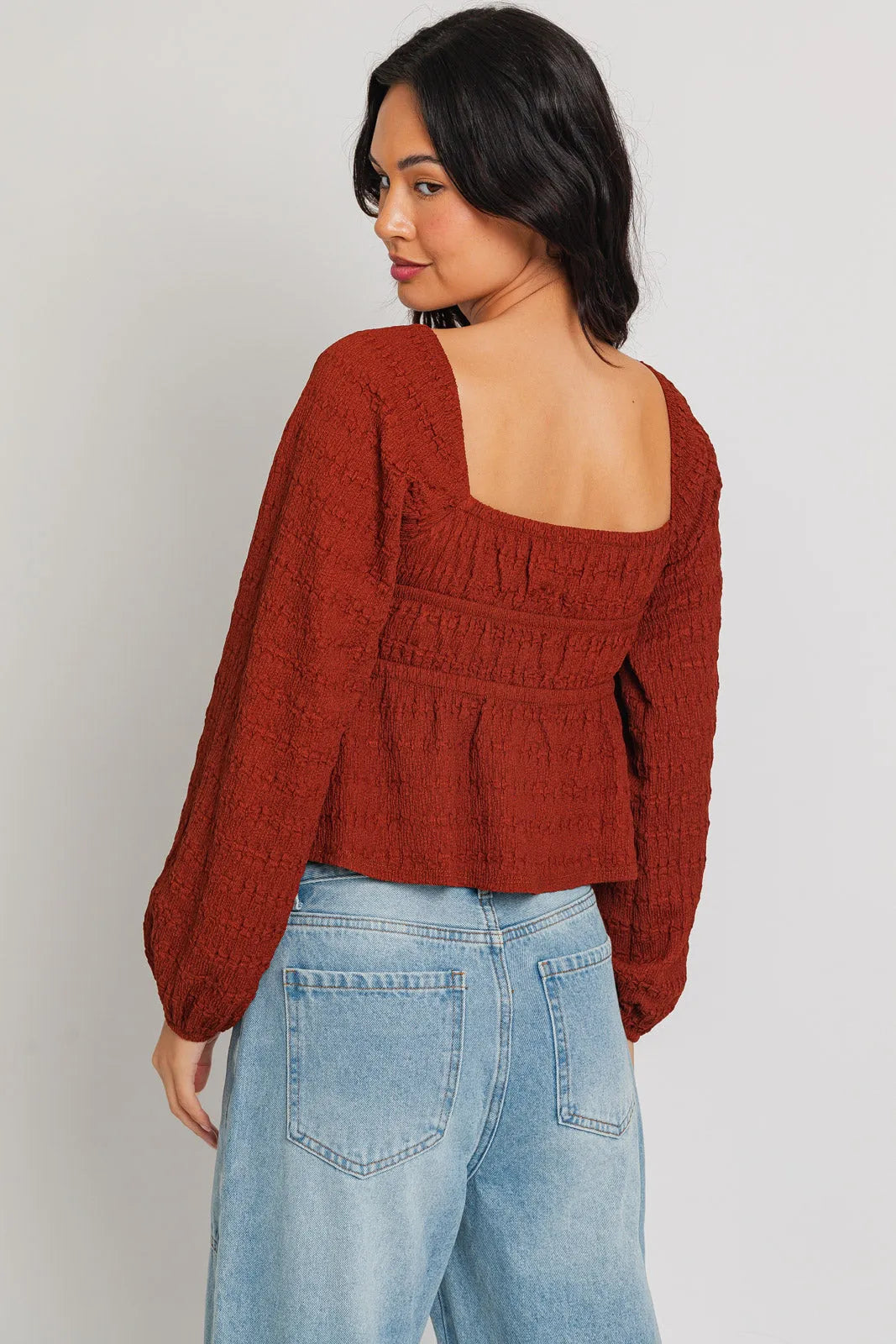 Brick Long Puff Sleeve Ruched Babydoll Top - Tasha Apparel Wholesale