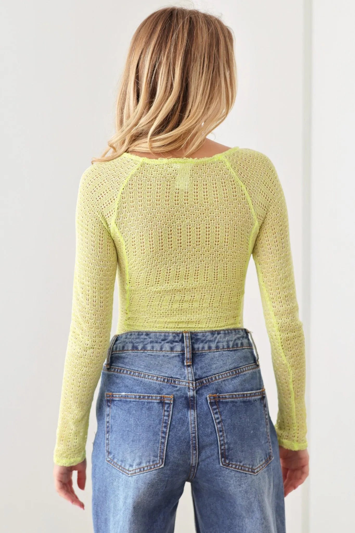 Neon Knit Long Sleeve Ruched Thong See Through Bodysuit - Tasha Apparel Wholesale