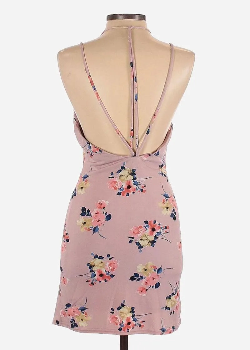 Lavender Floral Square Halter Neck Open Back Mini Dress - Tasha Apparel Wholesale