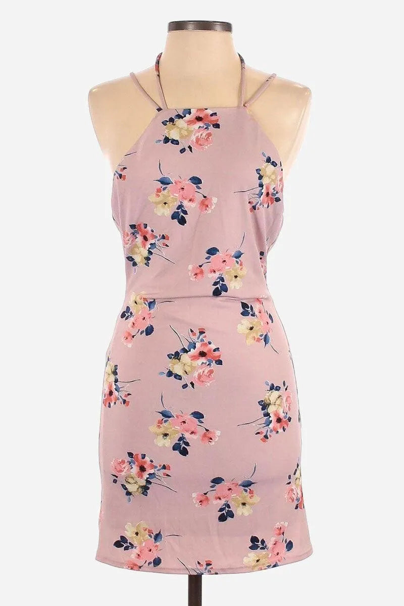 Lavender Floral Square Halter Neck Open Back Mini Dress - Tasha Apparel Wholesale