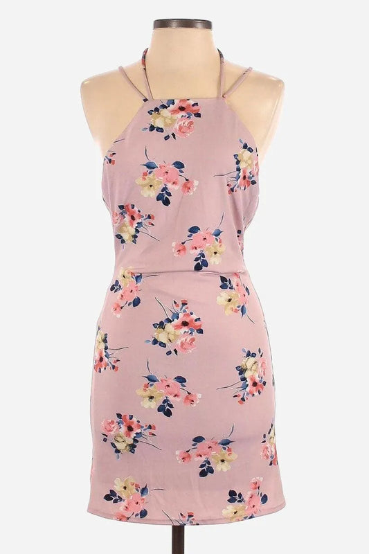 Lavender Floral Square Halter Neck Open Back Mini Dress - Tasha Apparel Wholesale