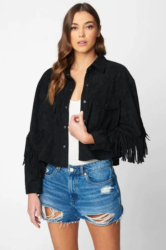Suede Leather Fringe Collared Neck Two Pocket Long Sleeve Jacket - Tasha Apparel Wholesale