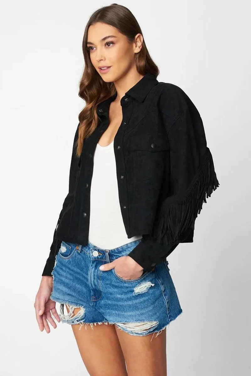 Suede Leather Fringe Collared Neck Two Pocket Long Sleeve Jacket - Tasha Apparel Wholesale
