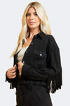 Suede Leather Fringe Collared Neck Two Pocket Long Sleeve Jacket - Tasha Apparel Wholesale