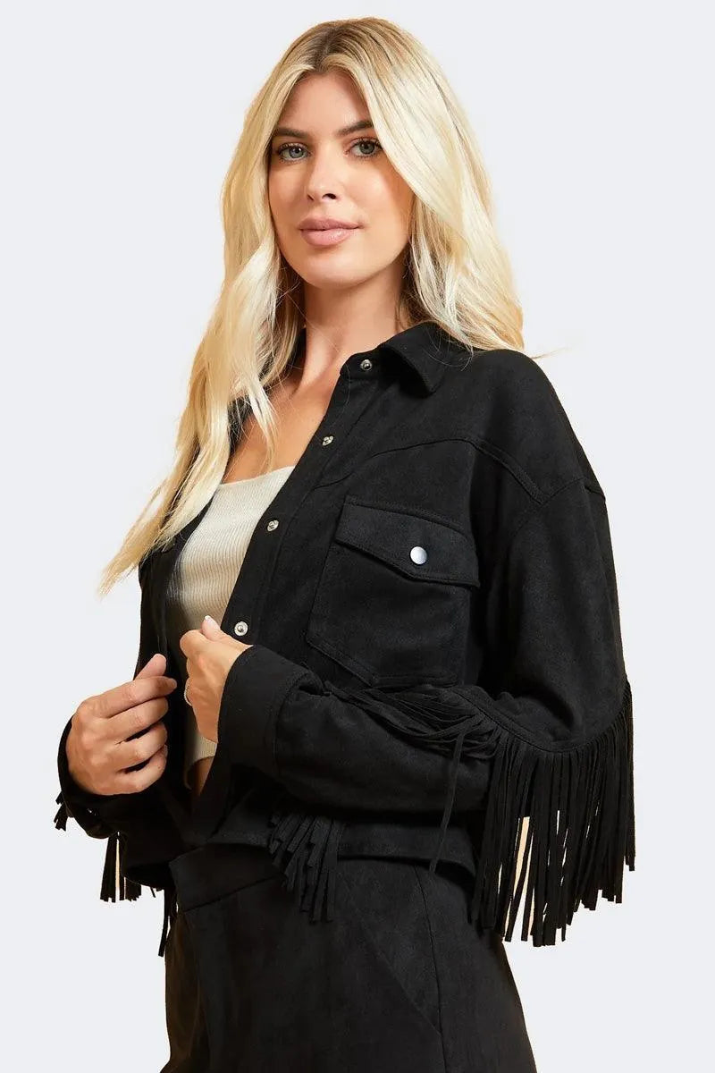 Suede Leather Fringe Collared Neck Two Pocket Long Sleeve Jacket - Tasha Apparel Wholesale