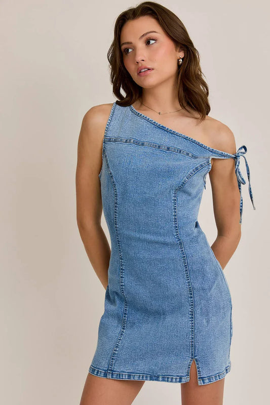 Asymmetrical One-Shoulder Denim Contemporary Edgy Chic Mini Dress