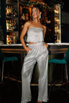 Silver Metallic Ribbed Strapless Crop Top Wide Leg Pants Two Piece Set - Tasha Apparel Wholesale