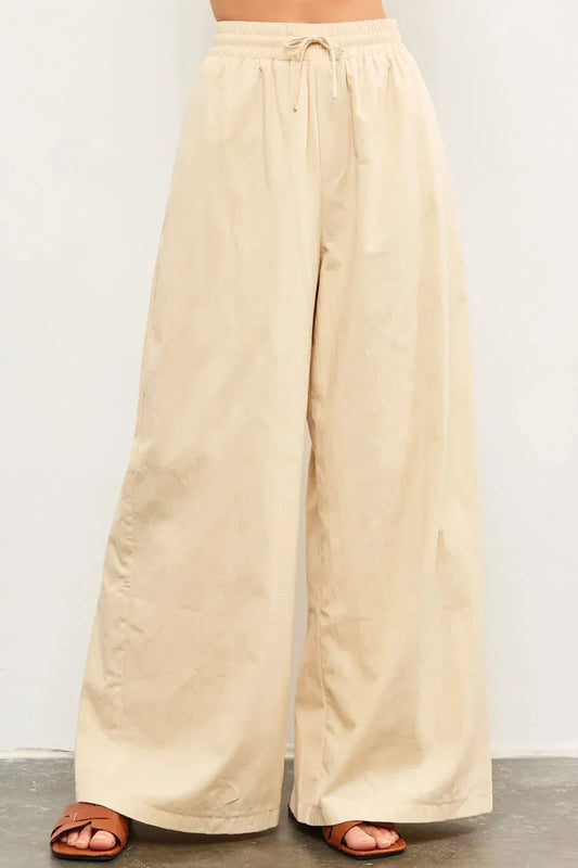100% Cotton Elastic Waist Tie Front Wide Leg Palazzo Pants - Tasha Apparel Wholesale