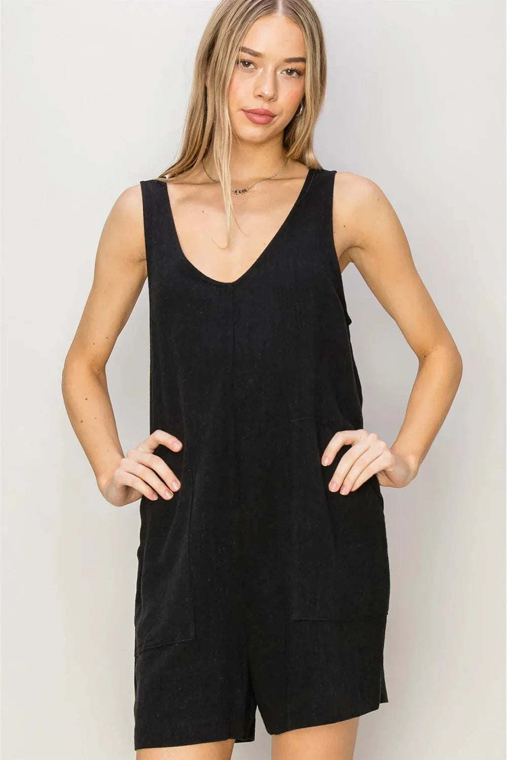 Boho Linen Side Pockets Sleeveless Flowy Romper Cobalt / S-M-L/2-2-2 Boho Linen Side Pockets Sleeveless Flowy Romper Cobalt / S-M-L/2-2-2
