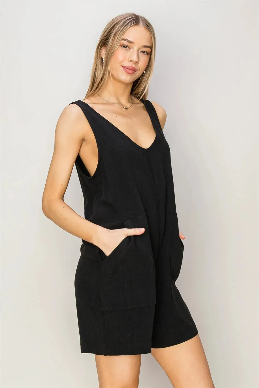 Boho Linen Side Pockets Sleeveless Flowy Romper Tan / S-M-L/2-2-2 Boho Linen Side Pockets Sleeveless Flowy Romper Tan / S-M-L/2-2-2