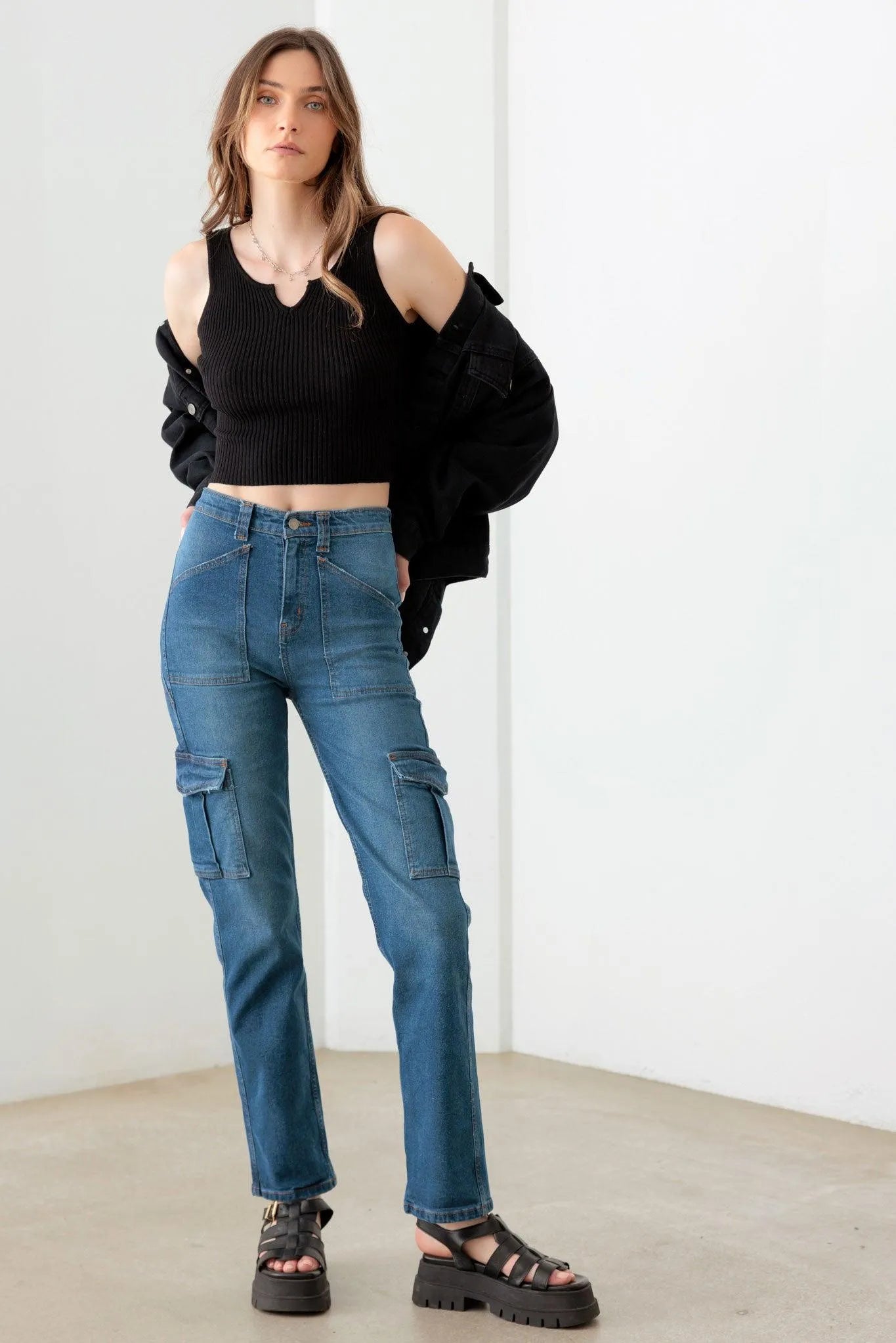 Dark Blue Cotton High Rise Wide Cargo Jeans - Tasha Apparel Wholesale