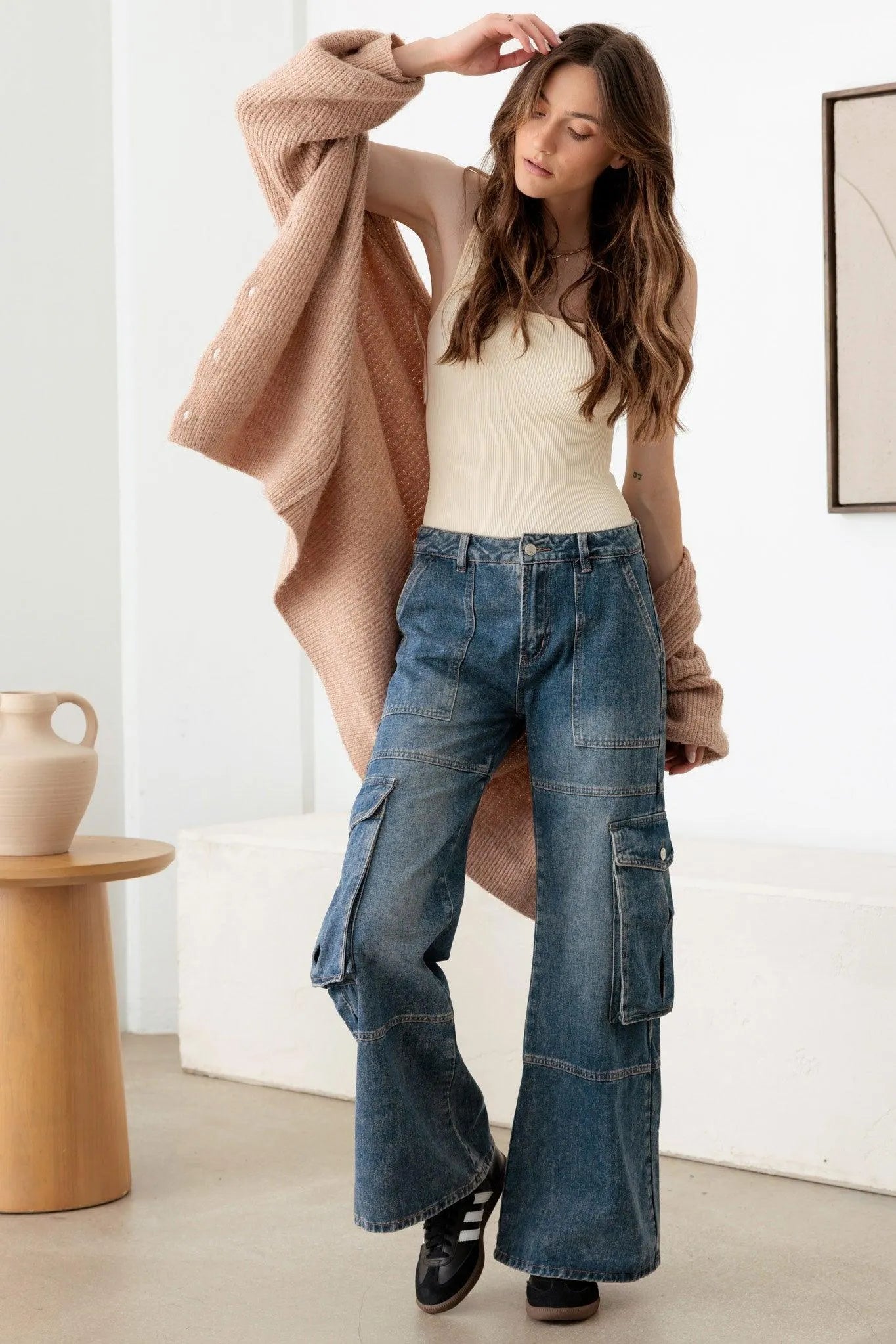 Medium Blue Vintage Wide Leg Cargo Denim Jeans - Tasha Apparel Wholesale