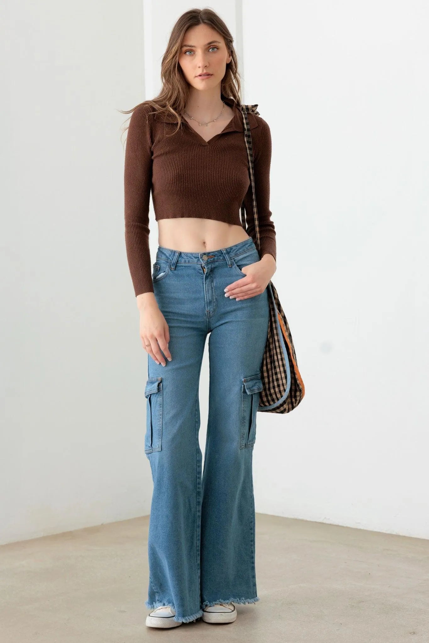Blue Wide Leg Side Pockets Casual Cargo Jeans - Tasha Apparel Wholesale