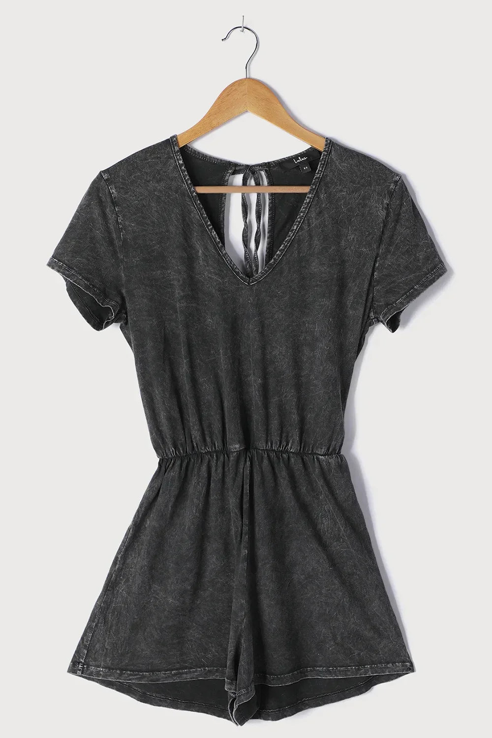 Black Acid Wash Open Back Tie Detail Short Sleeve Romper